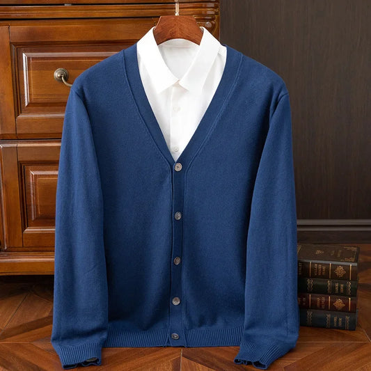 Mens Cardigan Business Casual Classic V-neck Solid Color