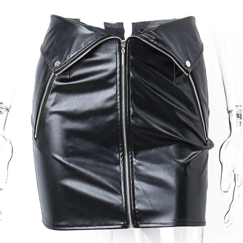 Candyhot Leather Skirt Chic Multi Zip Fashion High-waist