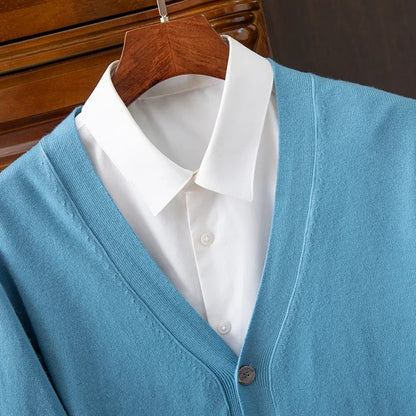 Mens Cardigan Business Casual Classic V-neck Solid Color
