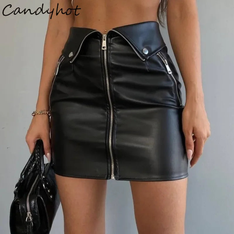 Candyhot Leather Skirt Chic Multi Zip Fashion High-waist