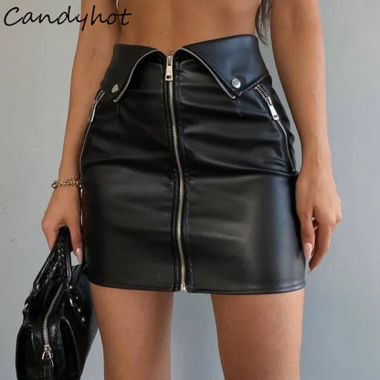 Candyhot Leather Skirt Chic Multi Zip Fashion High-waist