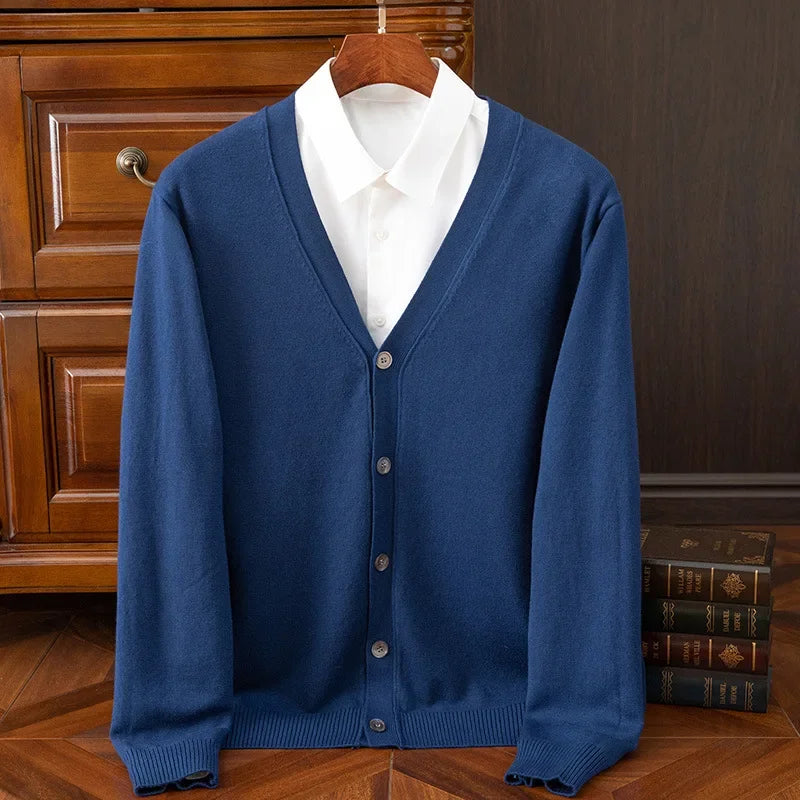 Mens Cardigan Business Casual Classic V-neck Solid Color