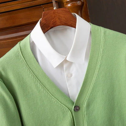 Mens Cardigan Business Casual Classic V-neck Solid Color