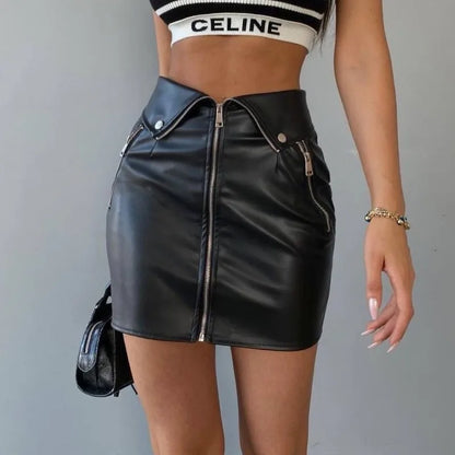 Candyhot Leather Skirt Chic Multi Zip Fashion High-waist