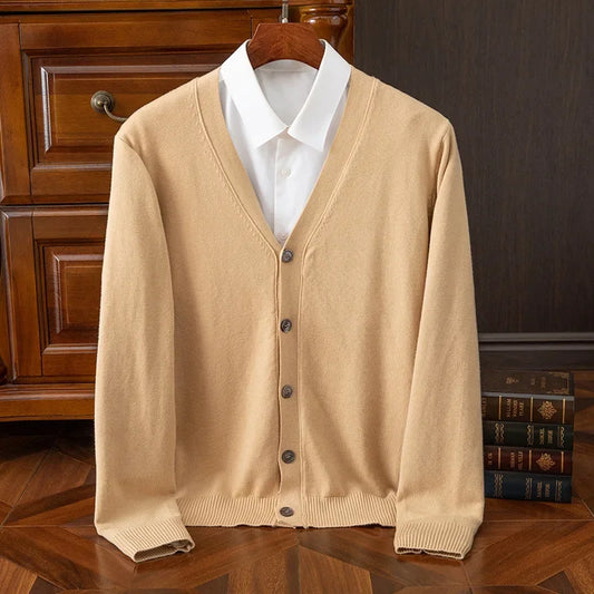 Mens Cardigan Business Casual Classic V-neck Solid Color