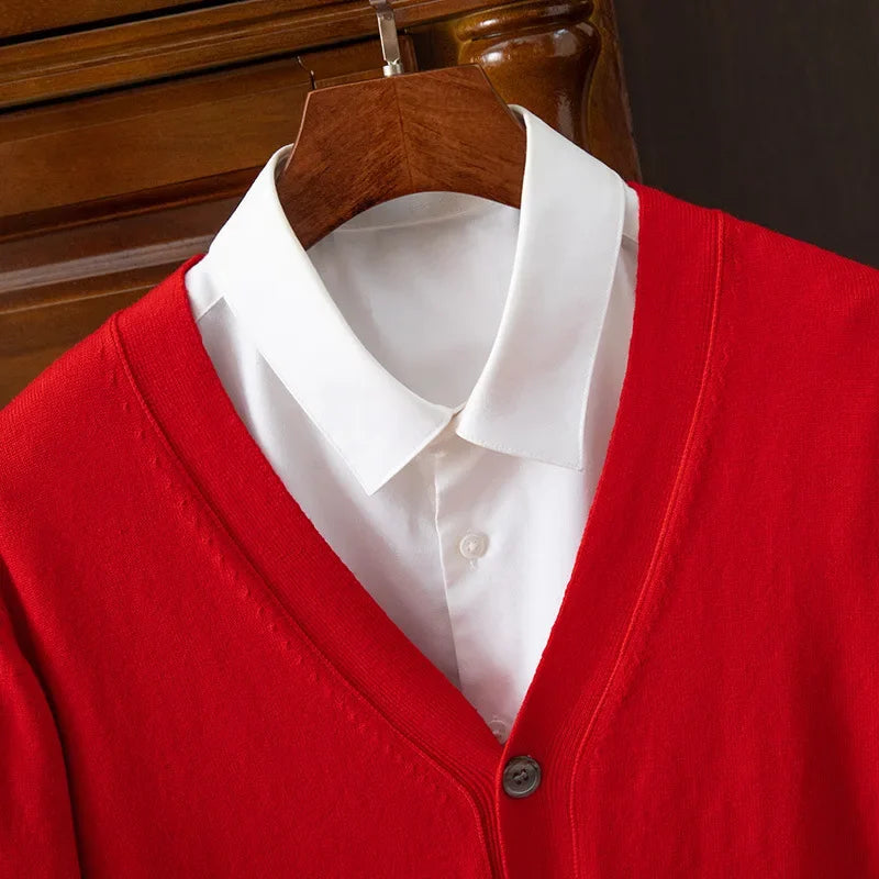 Mens Cardigan Business Casual Classic V-neck Solid Color