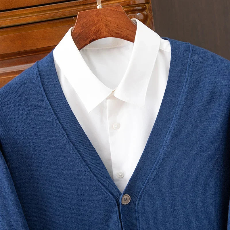 Mens Cardigan Business Casual Classic V-neck Solid Color