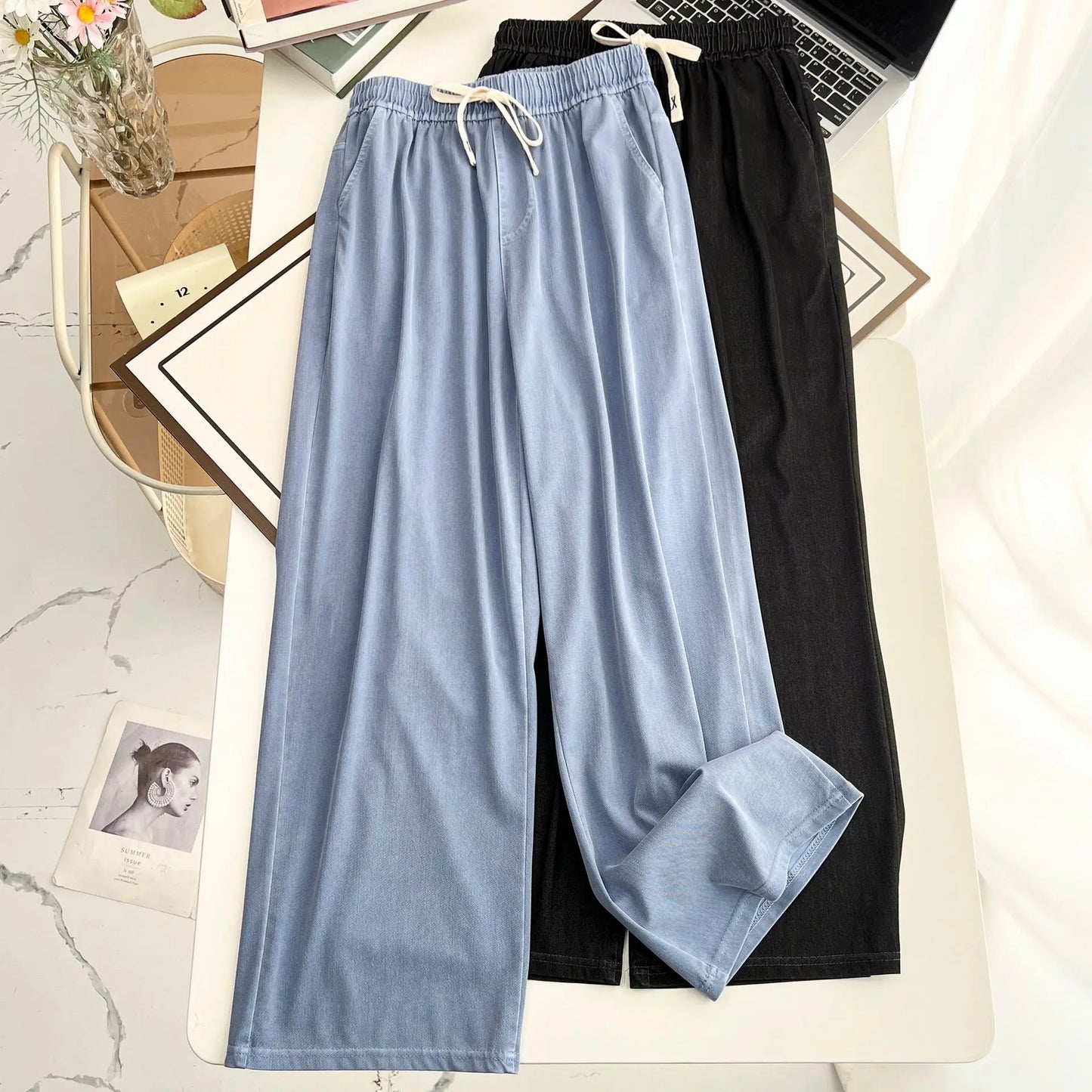 Women's Straight Jeans, Oversized Trousers, Curve Clothes, High Waist, Stretch, Lyocell Denim Pants, Plus Size, Summer