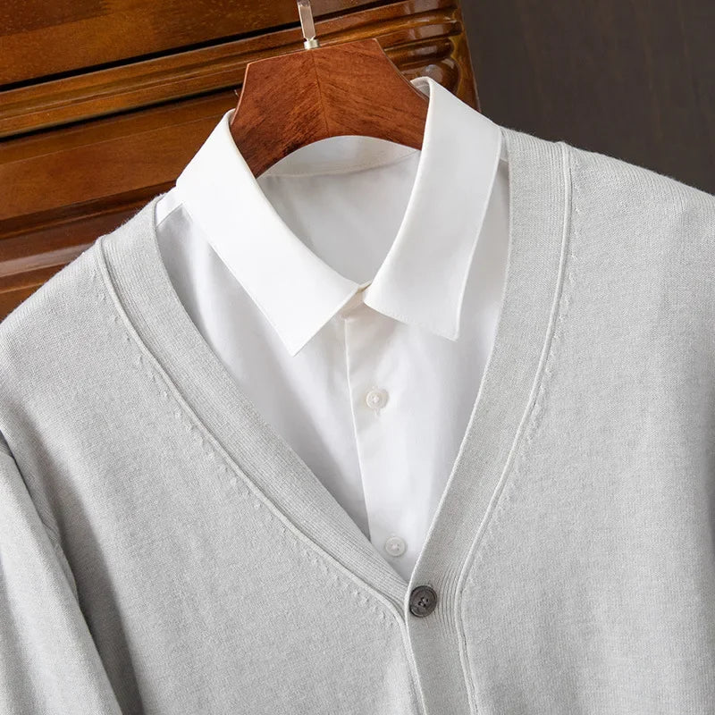 Mens Cardigan Business Casual Classic V-neck Solid Color