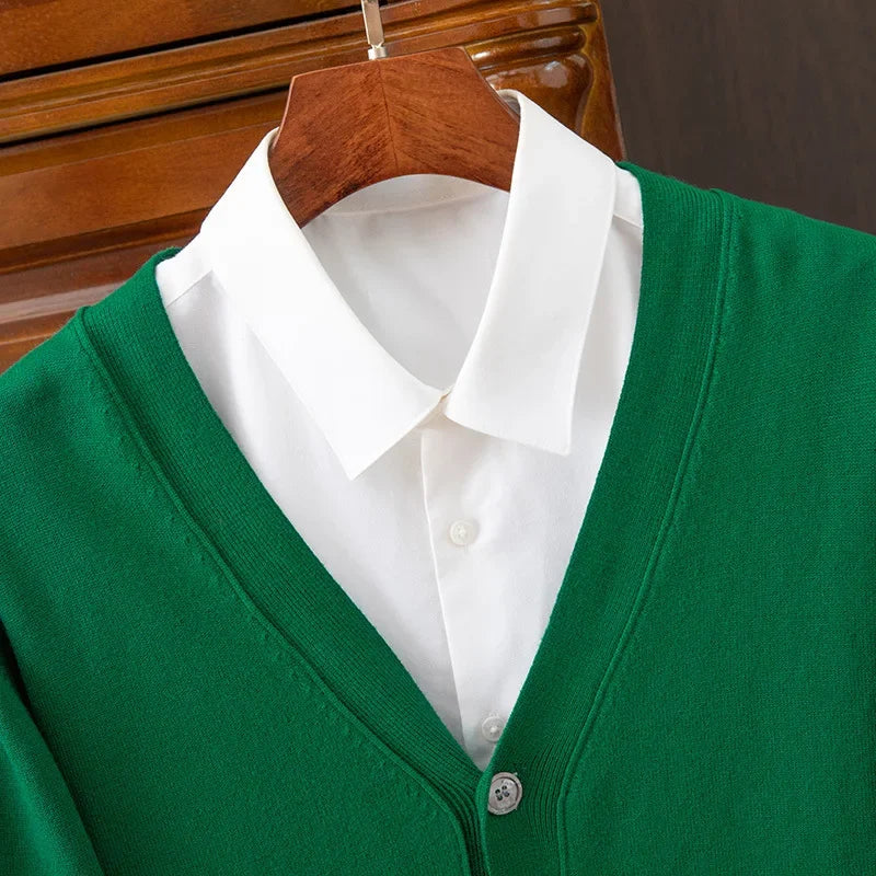 Mens Cardigan Business Casual Classic V-neck Solid Color