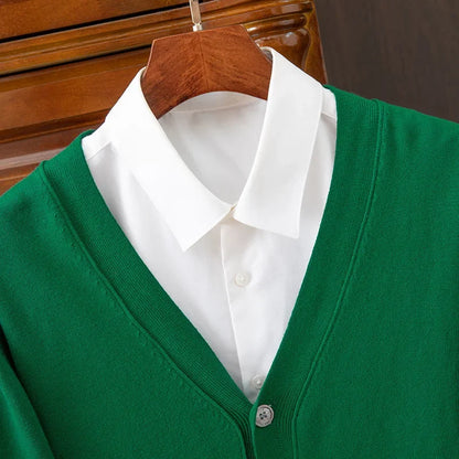 Mens Cardigan Business Casual Classic V-neck Solid Color