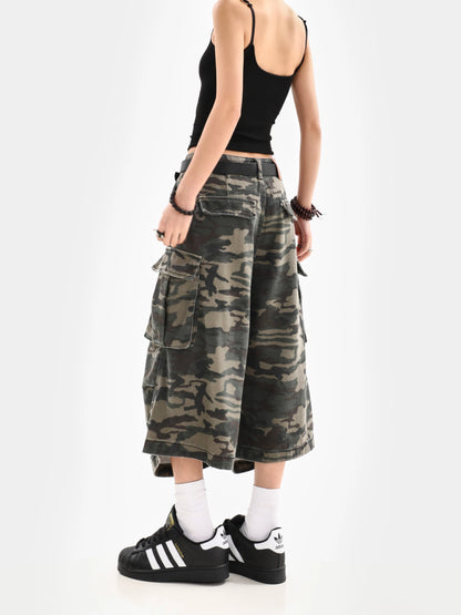 Camouflage Unisex Loose Cargo Capri Shorts