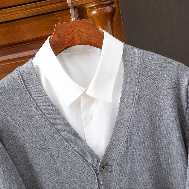Mens Cardigan Business Casual Classic V-neck Solid Color